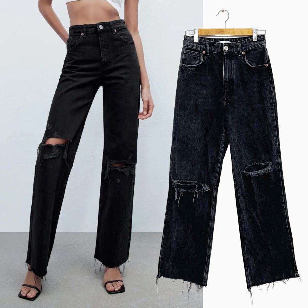 ZARA Black Rigid Denim High Rise Ripped Distressed Wide‎ Leg Full Length Jeans 4
